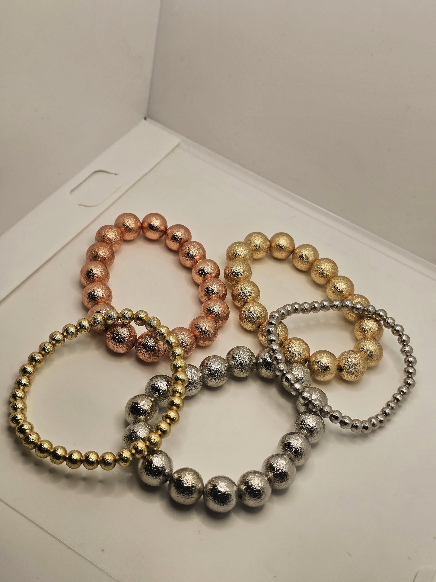 5 Set Gold Plated Ball 3-Tone beaded  Bracelet – Elegant Layered Jewelry for Women