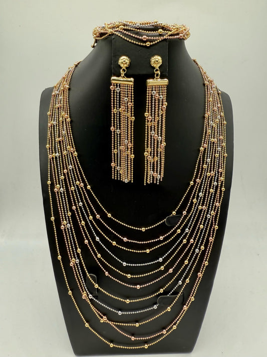 Elegant Gold Plated 3-Tone Matching Jewelry Set – Necklace, Bracelet & Earrings: