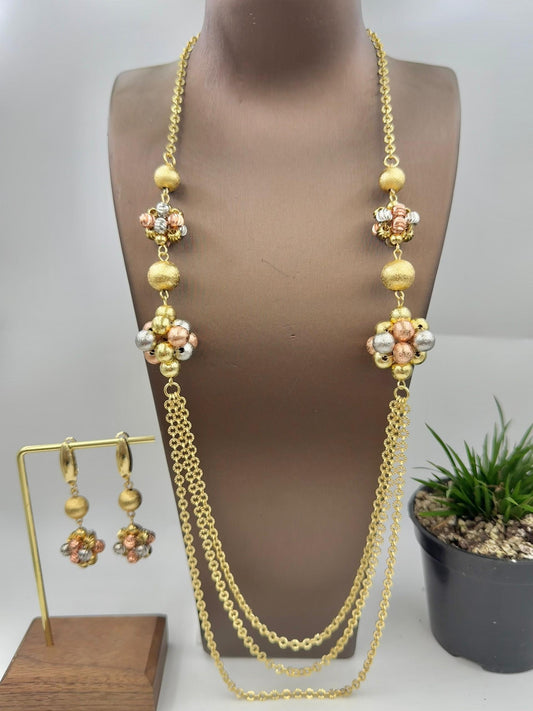Gold-Plated 3-Tone Long Chain Necklace & Drop Earrings Set.