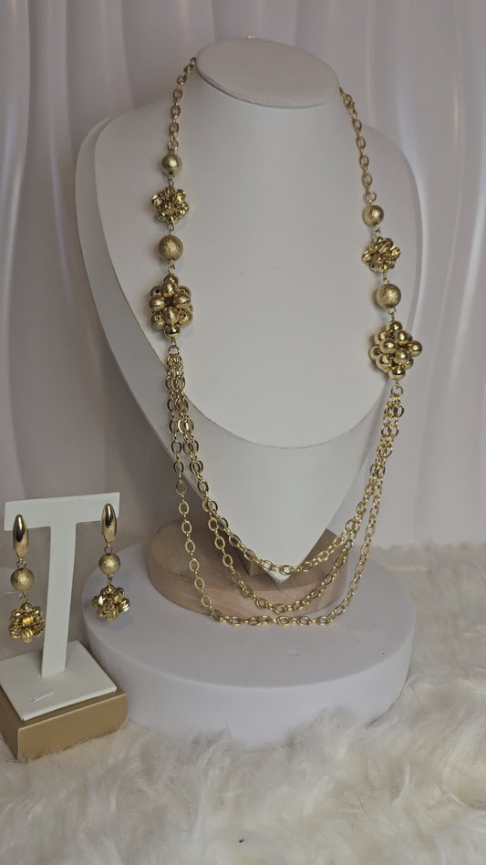 Gold Plated Long Necklace with Dropping Earrings – Elegant Women’s Jewelry Se