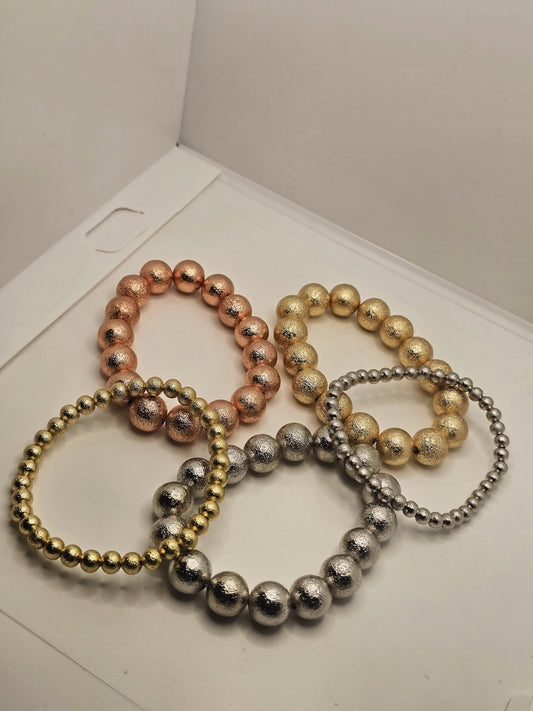 5 Set Gold Plated Ball 3-Tone beaded  Bracelet – Elegant Layered Jewelry for Women