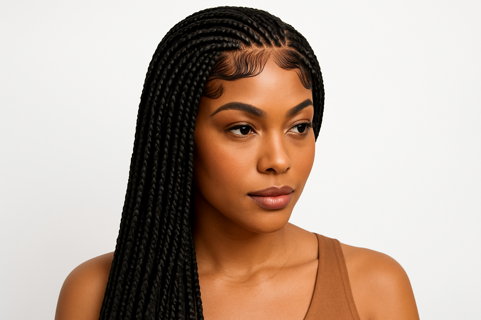 A PICTURE OF WOMAN WITH BRAIDED WIG WITH BABY HAIR ON A WHITE BACKGROUD